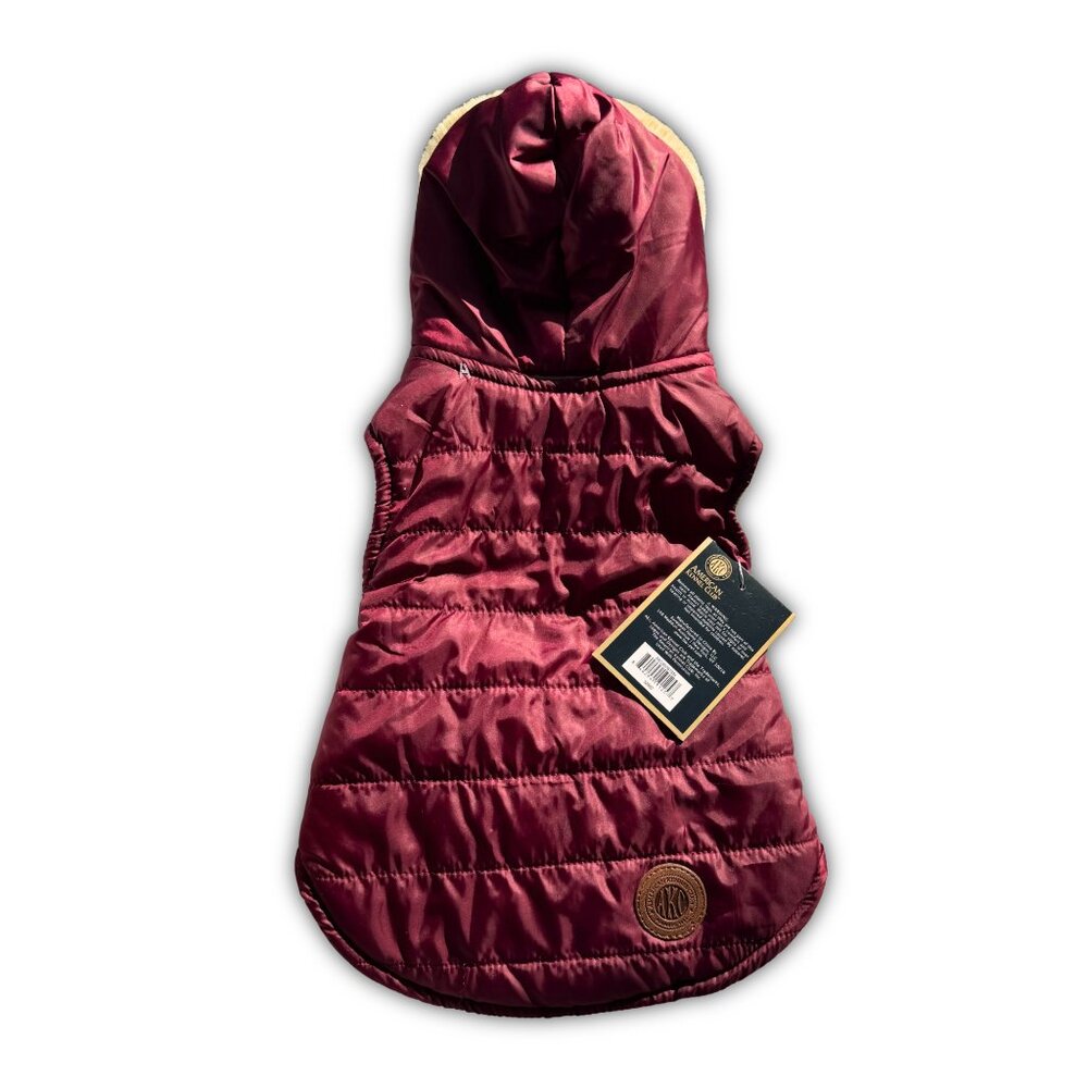 American Kennel Club Quilted Puff Burgundy Fleece Lined Dog Coat with Hood NEW
